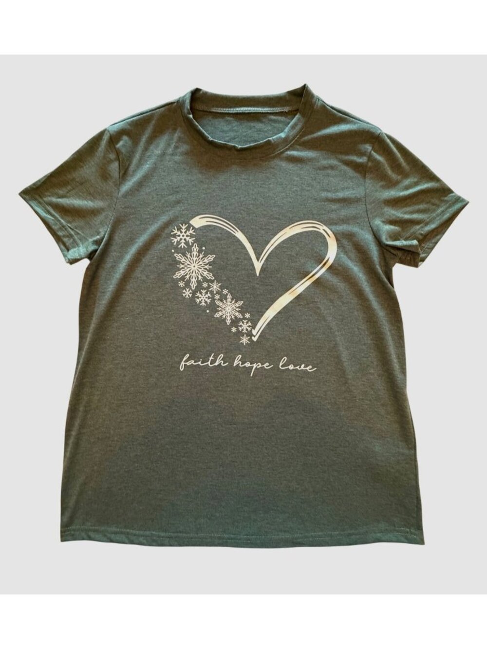 Faith Hope Love Tee Womens M Heathered Evergreen Snowflake